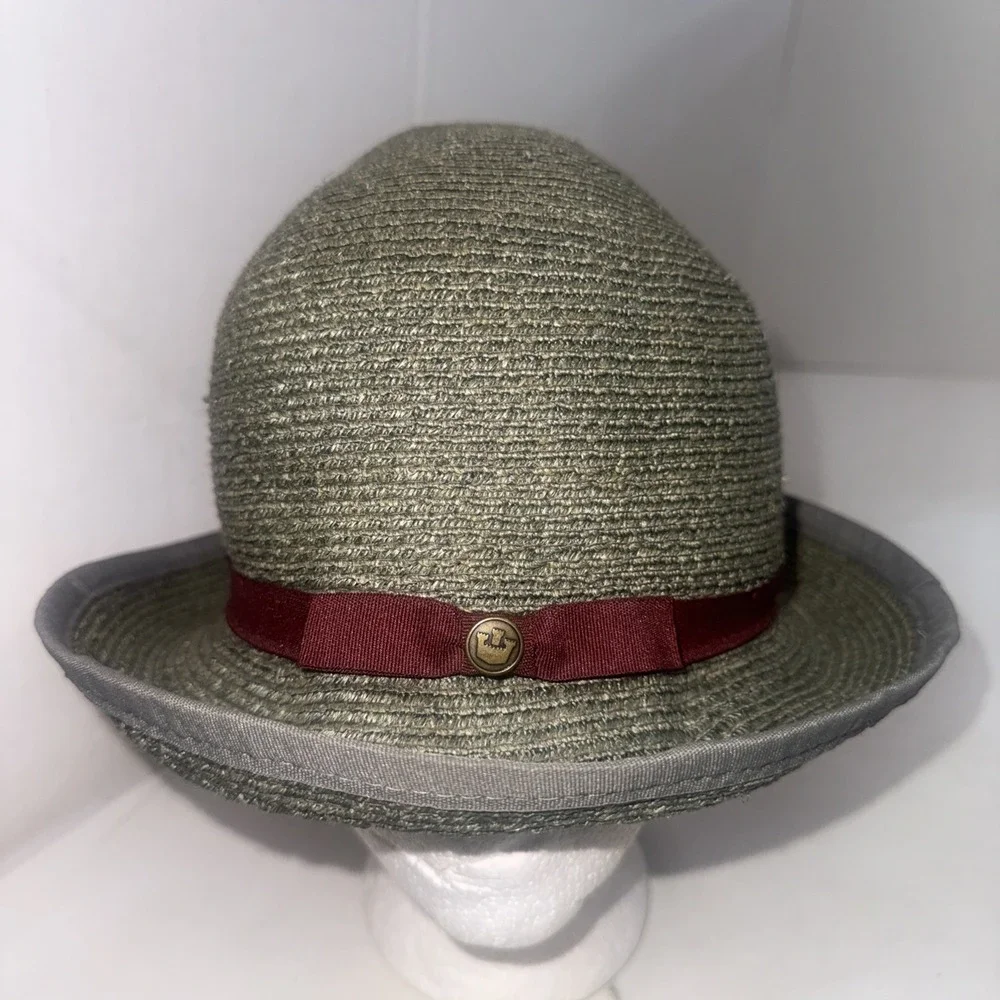 Goorin Bros Paper Woven Straw Fedora Hat Olive Green Burgundy Band Adult Small
